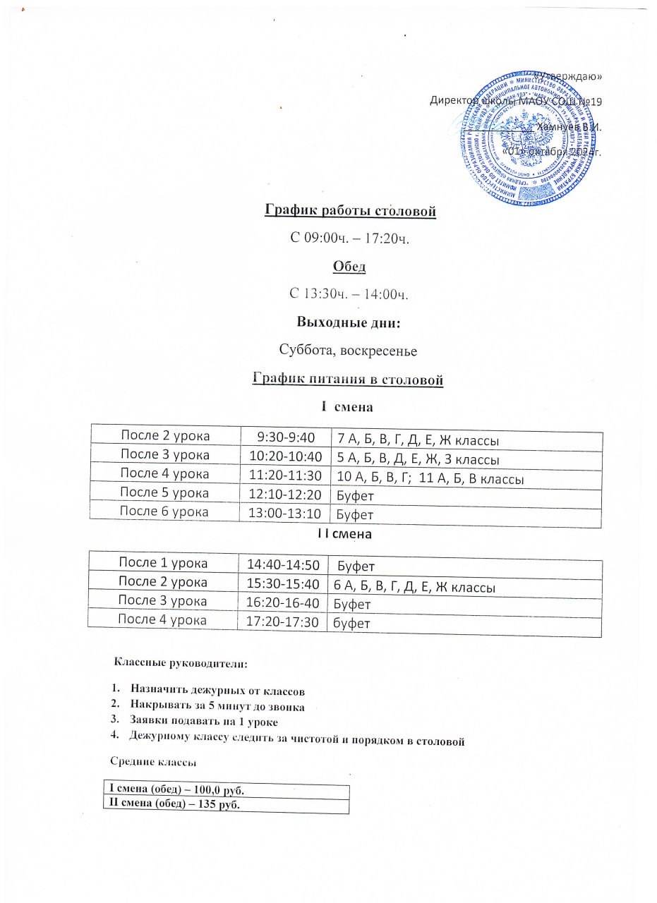 График питания в столовой.