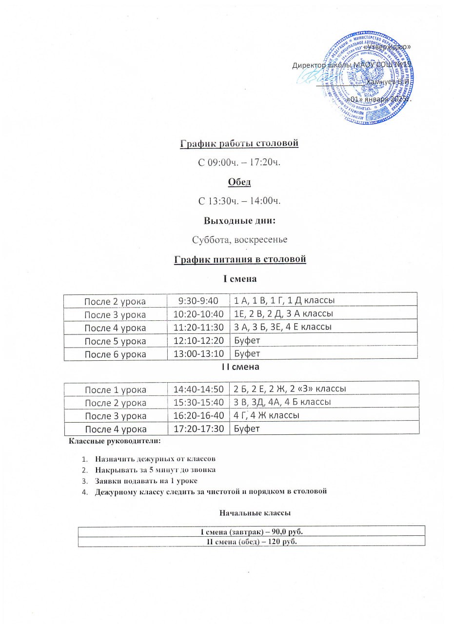 График питания в столовой.